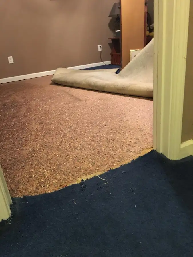 Carpet pad removal revealing water damage during Drying & Dehumidification in Patterson